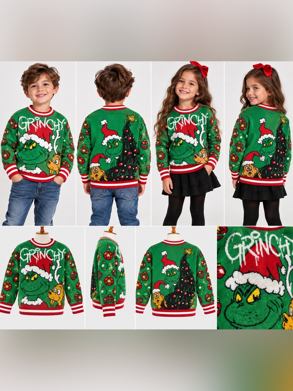 Kids' Grinch Green Holiday Knit Sweater - Festive Character Pullover